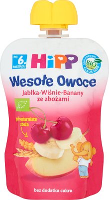 HiPP BIO Wesołe Owoce Jabłka-Wiśnie-Banany ze zbożami Mus owocowy po 6. miesiącu 90 g 