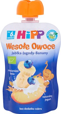 Hipp Wesołe Owoce Mus owocowy BIO Jabłka - Jagody - Banany z jogurtem i pełnoziarnistym zbożem