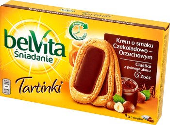 Lu Belvita Tartinki Ciastka z pełnego ziarna zbóż z kremem o smaku czekoladowo-orzechowym