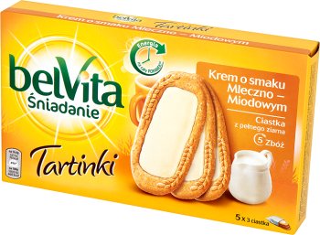 Lu canapes galletas Belvita con cereal integral con crema con sabor a leche y miel