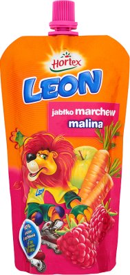 Hortex Leon sok 100% dla dzieci, w saszetce z zakrętką jabłko, marchew, malina
