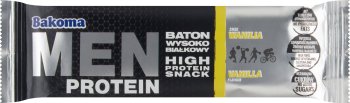 Bakoma Men A high-protein bar with a vanilla flavor in a cocoa coating