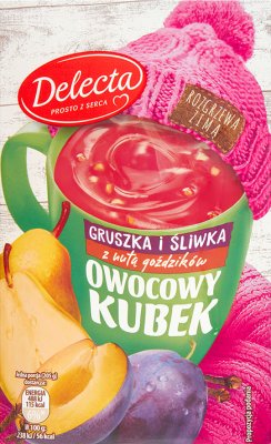 Delecta Owocowy kubek z kawałkami owoców Kisiel smak gruszki i śliwki z nutą goździków