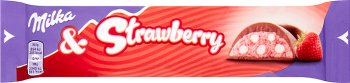 Milka & Strawberry Czekolada mleczna z nadzieniem o smaku truskawkowym i chrupkami pszennymi