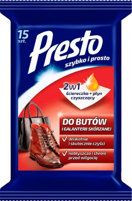 Presto Ściereczki czyszczące+płyn  2w1 do butów i galanterii skórzanej