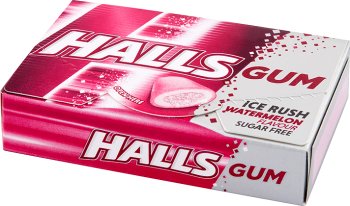 Halls Gum Ice Rush. Water-free chewing gum with the taste of watermelon