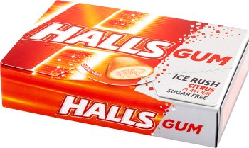 Halls Gum Ice Rush. Sugar-free, mandarin-flavored chewing gum