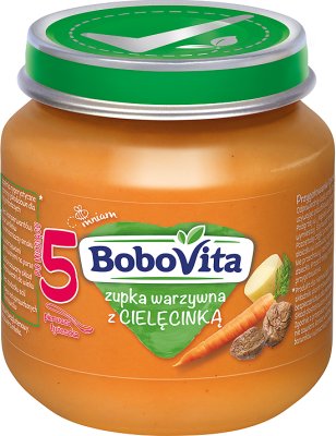 En primer lugar sopa de verduras cucharadita BoboVita con cielęcinką
