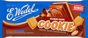 E. Wedel Cookie Czekolada mleczna  z nadzieniem orzechowo-kakaowym z orzeszkami  i herbatnikiem