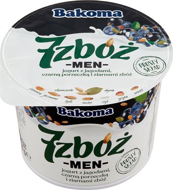 Bakoma 7 cereals men yoghurt with blueberries, black currants, cereals, sunflower seeds and pumpkin