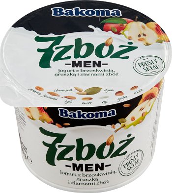 Bakoma 7 cereals men yoghurt with peach and pear and with cereals, sunflower seeds and pumpkin