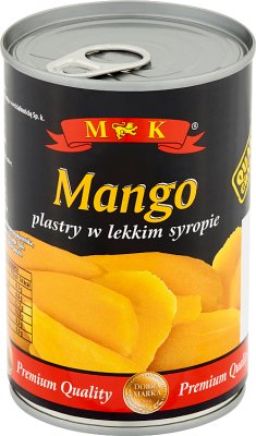 Rebanadas de mango MK en almíbar ligero.