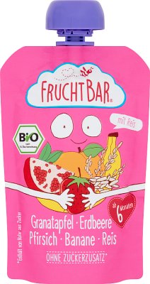 Fruchtbar Fruchtmousse mit Reis BIO Erdbeere, Granatapfel, Pfirsich, Banane, Reis