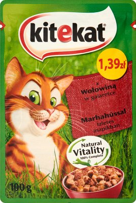 Kitekat pienso completo para gatos adultos con carne en gelatina.