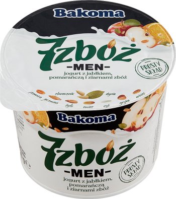 Bakoma 7 cereales hombre yogurt con manzana naranja y cereales.