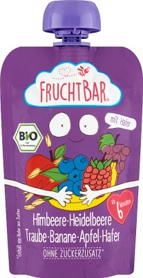 Fruchtbar Mousse Apfel, Banane, Traube, Himbeere, Heidelbeere, Hafer BIO