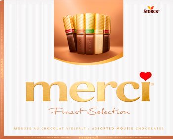 Merci Finest Selection Una colección de chocolates con mousse de chocolate.