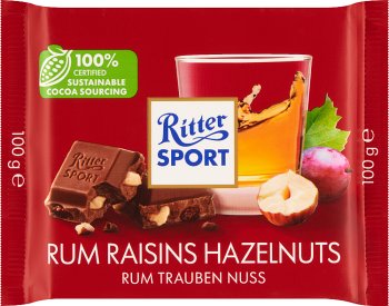 Ritter Sport Milchschokolade mit Rosinen in Rum mit gehackten Haselnüssen