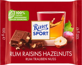 Ritter Sport Czekolada mleczna z rodzynkami w rumie z siekanymi orzechami laskowymi