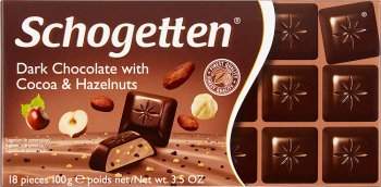 Schogetten Chocolate with cocoa filling, pieces of cocoa beans and hazelnuts