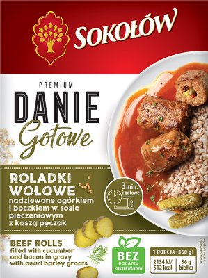 Sokołów Готовое блюдо Рулетики из говядины, фаршированные огурцом и беконом в жареном соусе с перловой крупой