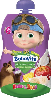 BoboVita Mousse in der Tube Masha & Bear, Apfel, Banane und Ananas mit Kokosdrink