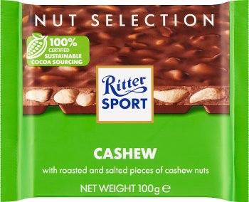 Молочный шоколад Ritter Sport с жареными солеными кусочками кешью