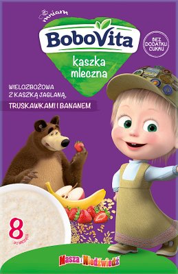 BoboVita kaszka Masha&Niedźwiedź mleczna wielozbożowa z kaszką jaglaną, truskawkami i bananem