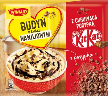 Pudding mit Winiary-Vanille-Geschmack und einem knusprigen KitKat-Streusel