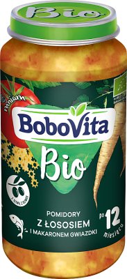 BoboVita BIO Obiadek Pomidory z łososiem i makaronem gwiazdki po 12 miesiącu