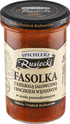 Spichlerz Rusiecki Fasolka  z kiełbasą jałowcową i boczkiem wędzonym w sosie  pomidorowym