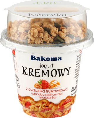Bakoma Cremiger Joghurt mit Erdbeer-Haferflocken, Müsli, Kürbis- und Sonnenblumenkernen