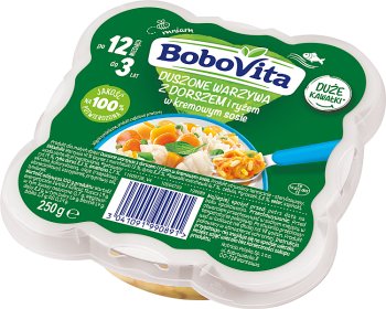 BoboVita Geschmortes Gemüse mit Kabeljau und Reis in einer cremigen Sauce 